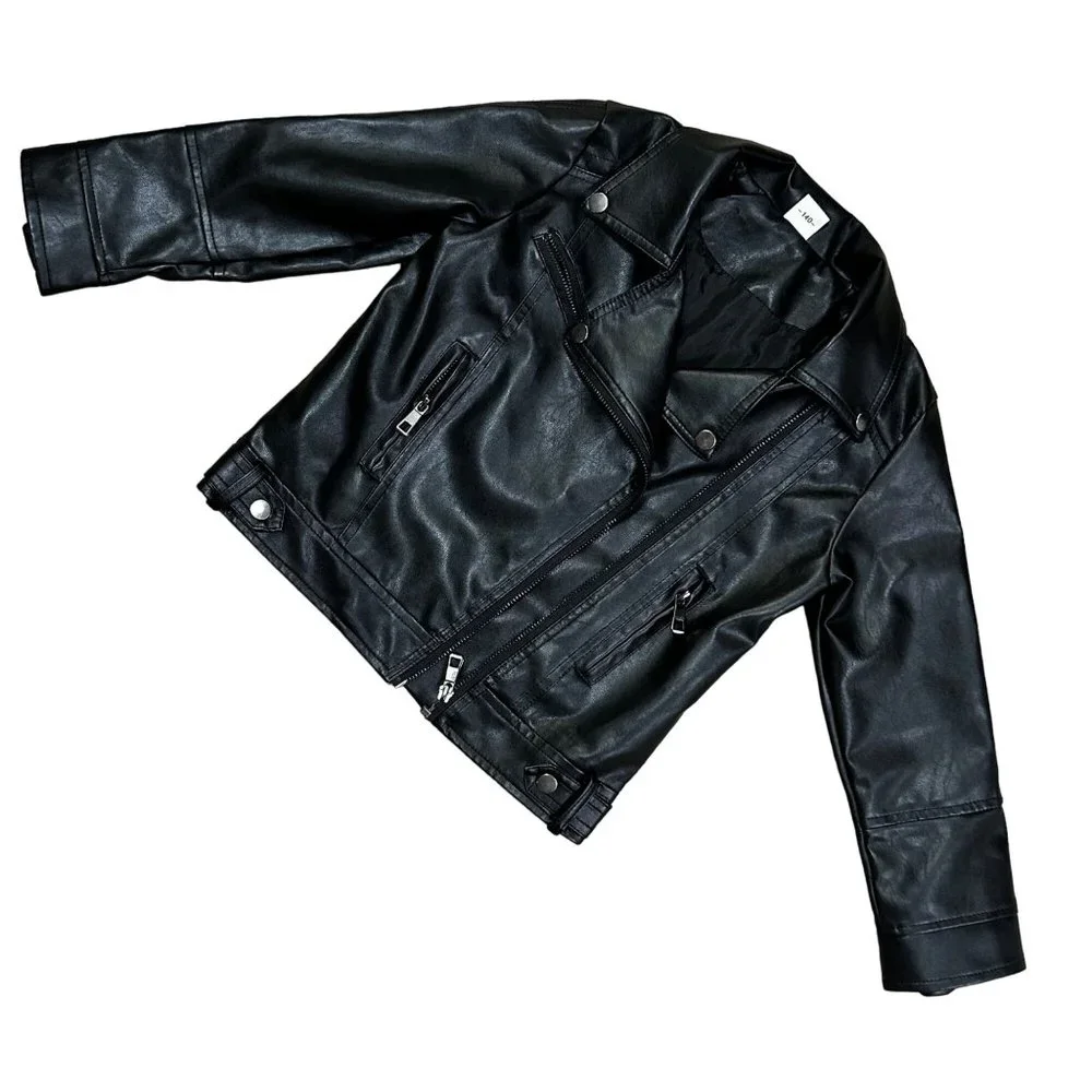 Lehour Girls 140 Black Long Sleeve Faux Leather Jacket with Zippered Front 1443